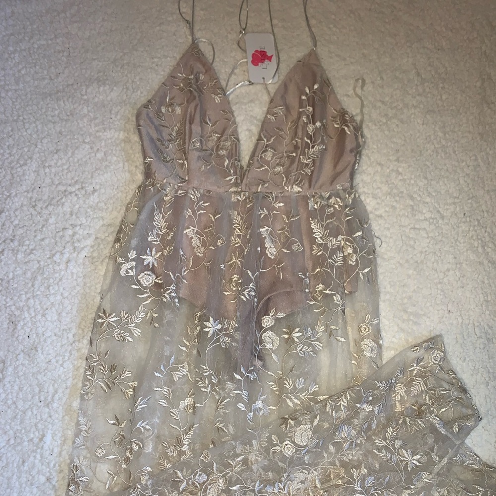 Backless Sheer Slit Dress w/ Body Suit